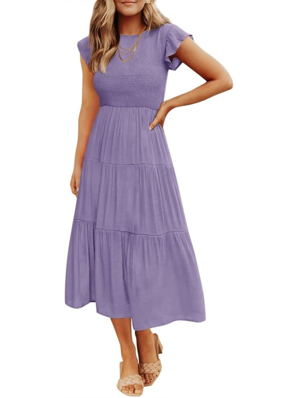 Women's Violet Crew Neck Casual Classic Short Sleeve Pull On Midi Dresses